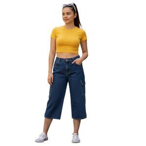 Girl Star Girls 9/10 Blue Denim Capri Cargo Jeans Relaxed Fit Casual